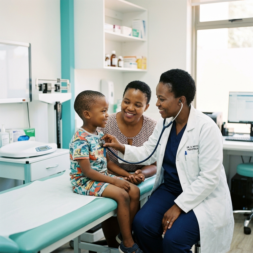 Doctor performing a check-up on a child with parent present